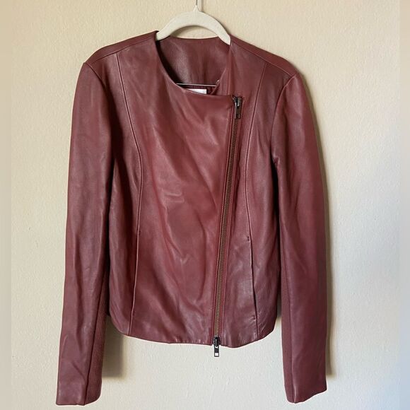 Vince Leather Moto Red Jacket Collarless Asymmetric Zip Size S - Picture 8 of 13